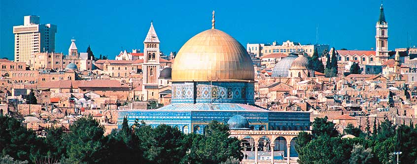 The Dome of the Rock against the historic metropolis of Jerusalem