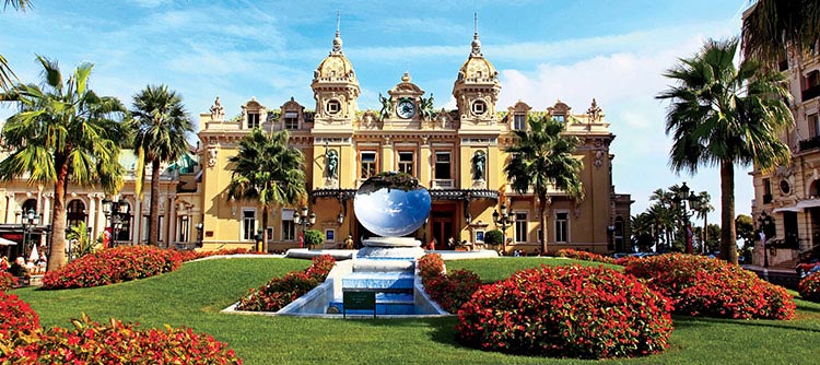 The gardens and glass inversion orb outside of Monte Carlo Casino, a gambling and entertainment complex located in Monaco.