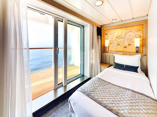 Ocean Explorer, Category SBS, Studio Veranda Stateroom, View of Bed and Veranda