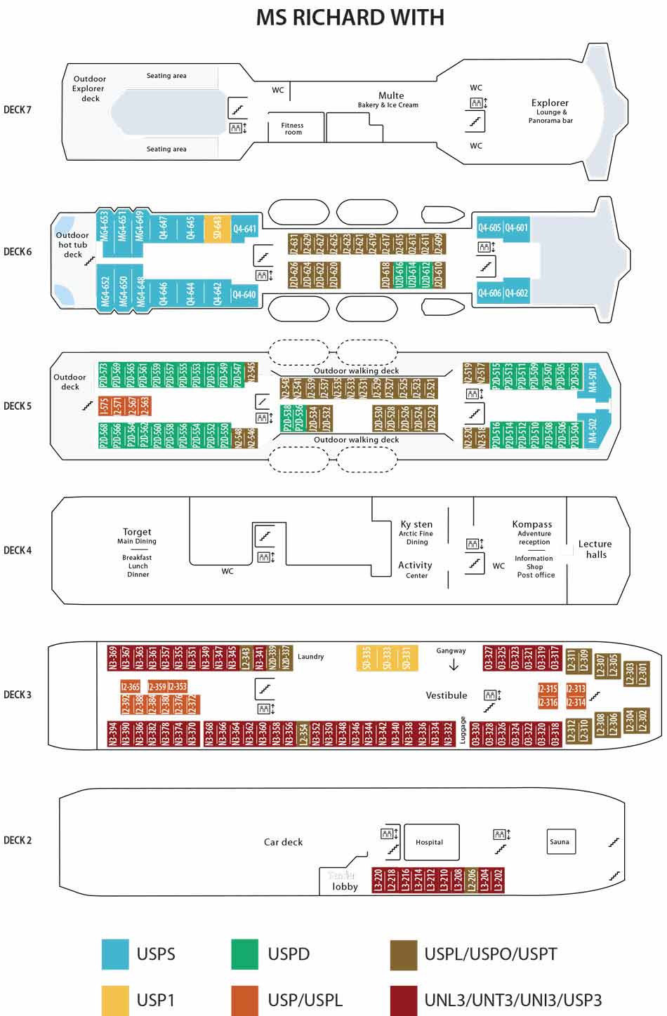 Deck plan for the m/s Richard With, a Vantage European River Cruise ship.